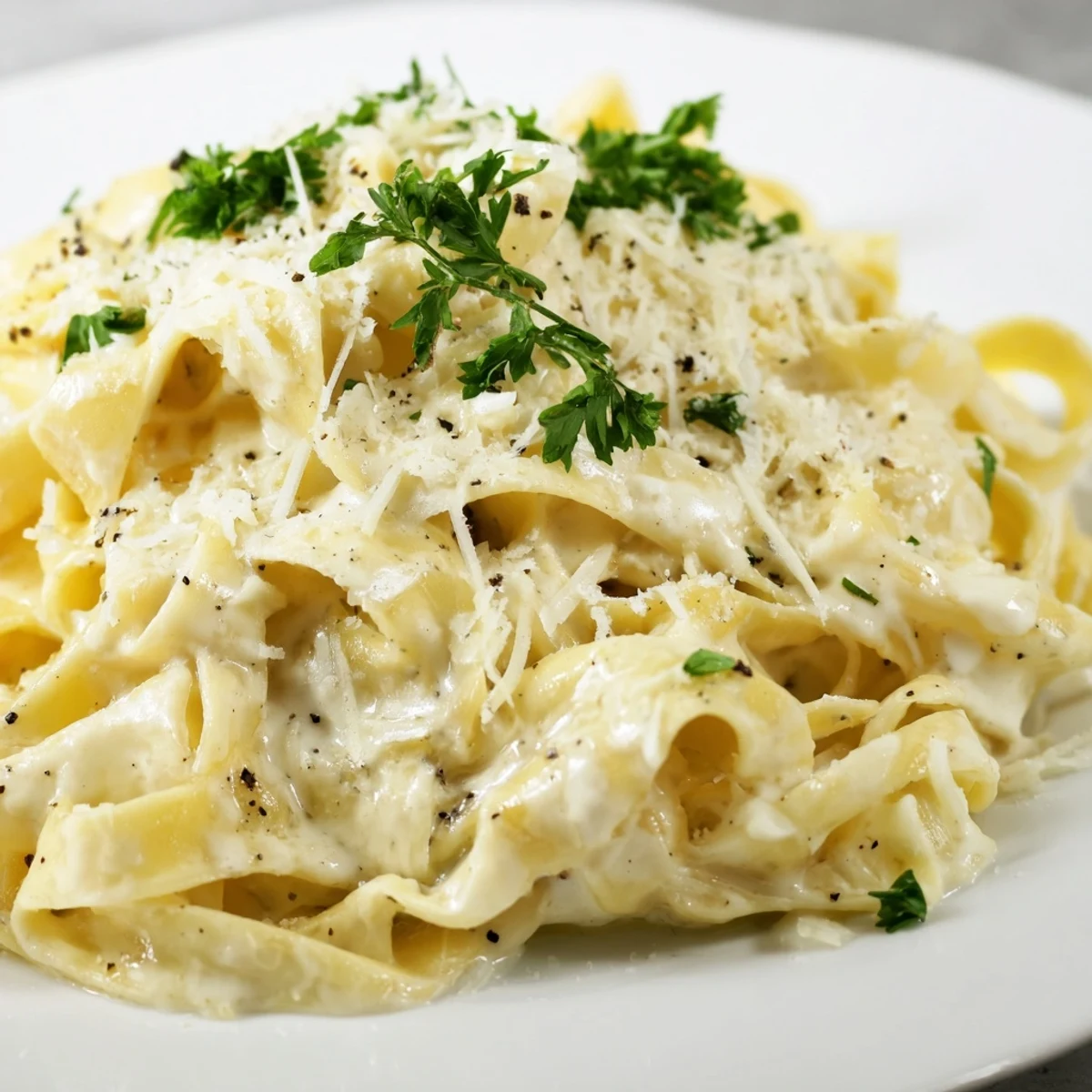 Al dente fettuccine noodles coated in Creamy Sauce over Pasta, garnished with parsley and extra cheese, ready for a weeknight dinner.