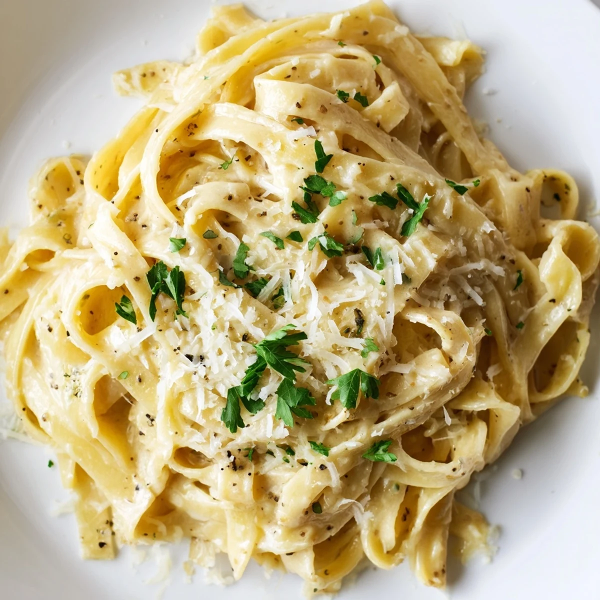 A skillet of Creamy Sauce over Pasta with a wooden spoon, showing the rich, thick texture and melted Parmesan garnish.