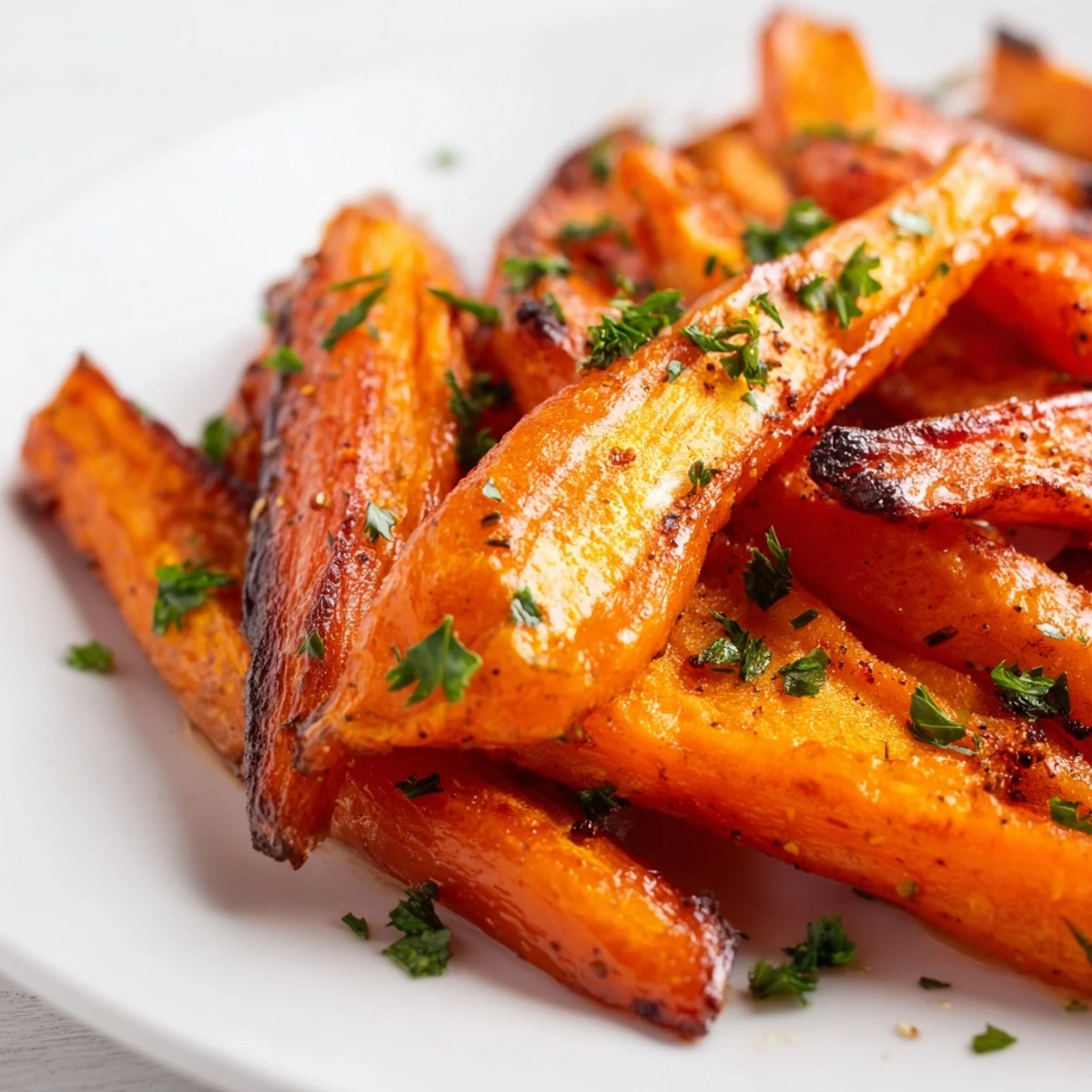 Golden roasted carrot sticks glisten with olive oil, fresh parsley, and smoked paprika on a rustic platter.