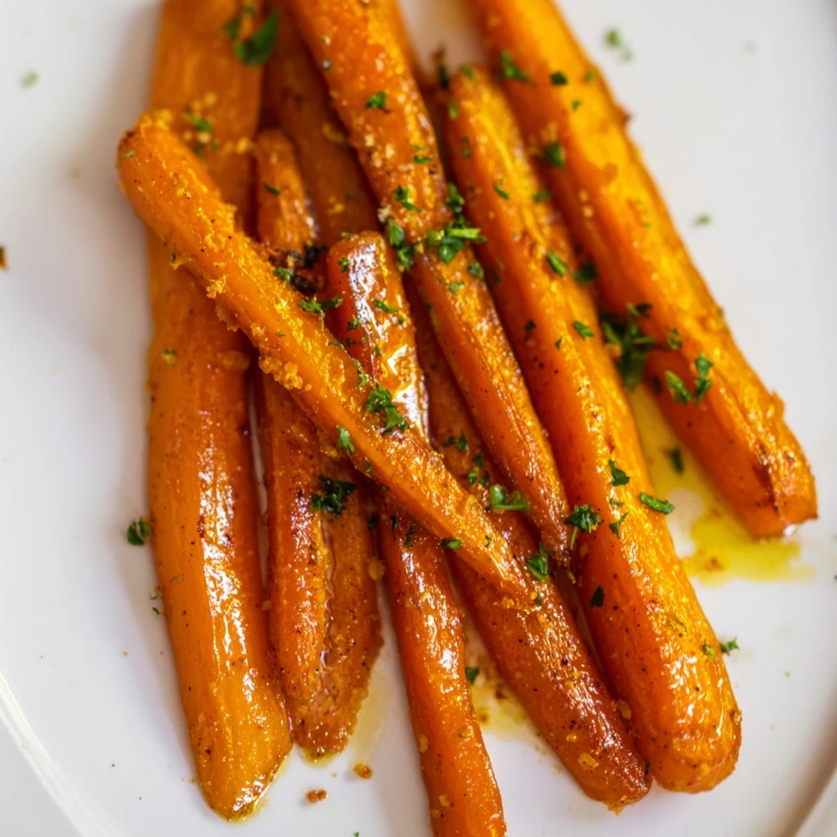 Freshly roasted carrot sticks with crispy edges and warm spices served as a healthy vegan side dish.