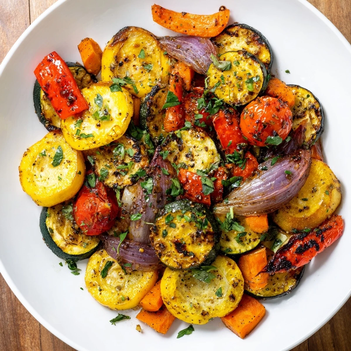 Fork-tender Roasted Vegetable Mix with caramelized red bell pepper and zucchini on a baking sheet.