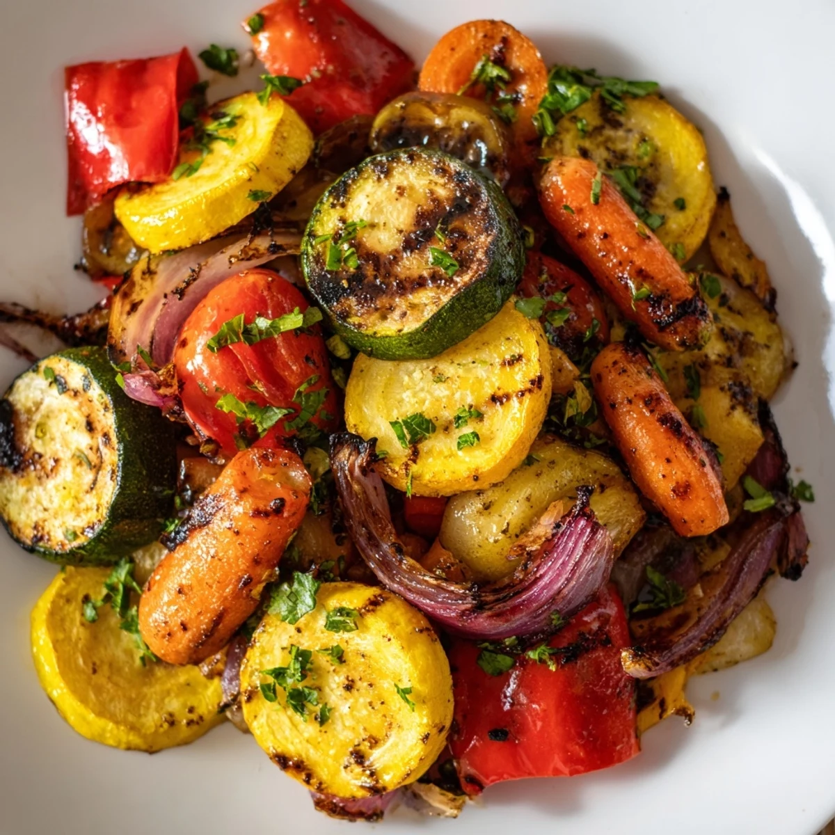 Perfectly caramelized Roasted Vegetable Mix served warm, garnished with fresh parsley and balsamic drizzle.