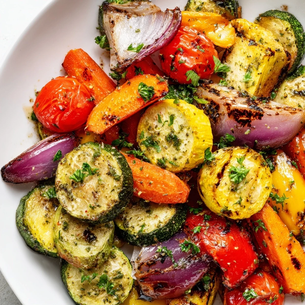 Bowl of Mediterranean Roasted Vegetable Mix, tossed with herbs, ready to serve alongside grilled chicken.