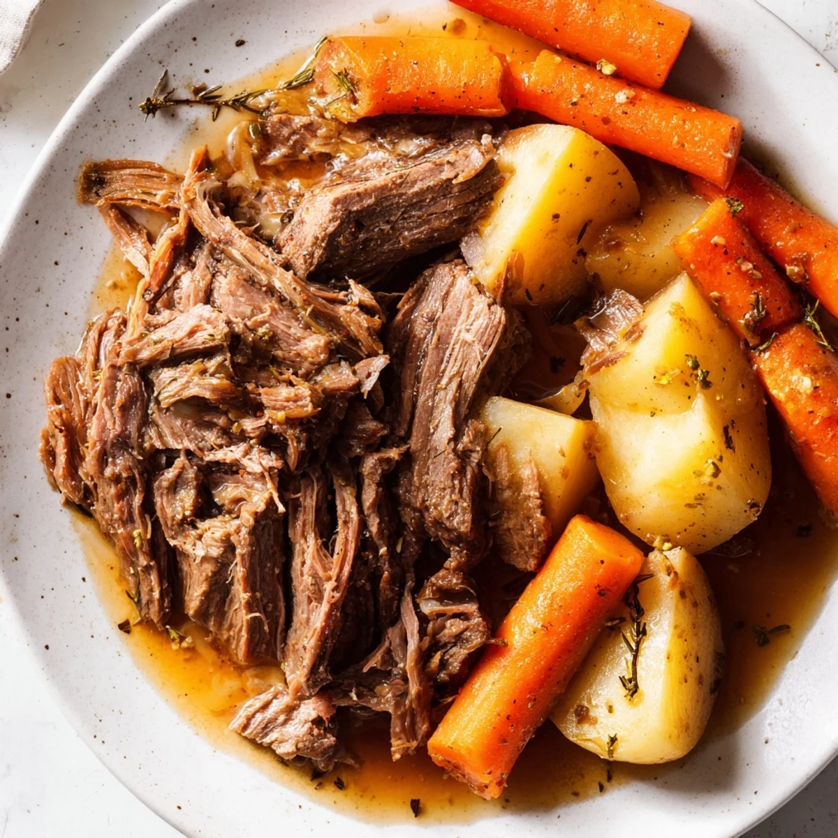 Fork-tender Slow Cooker Roast Beef and vegetables plated with fresh herbs for a hearty meal.