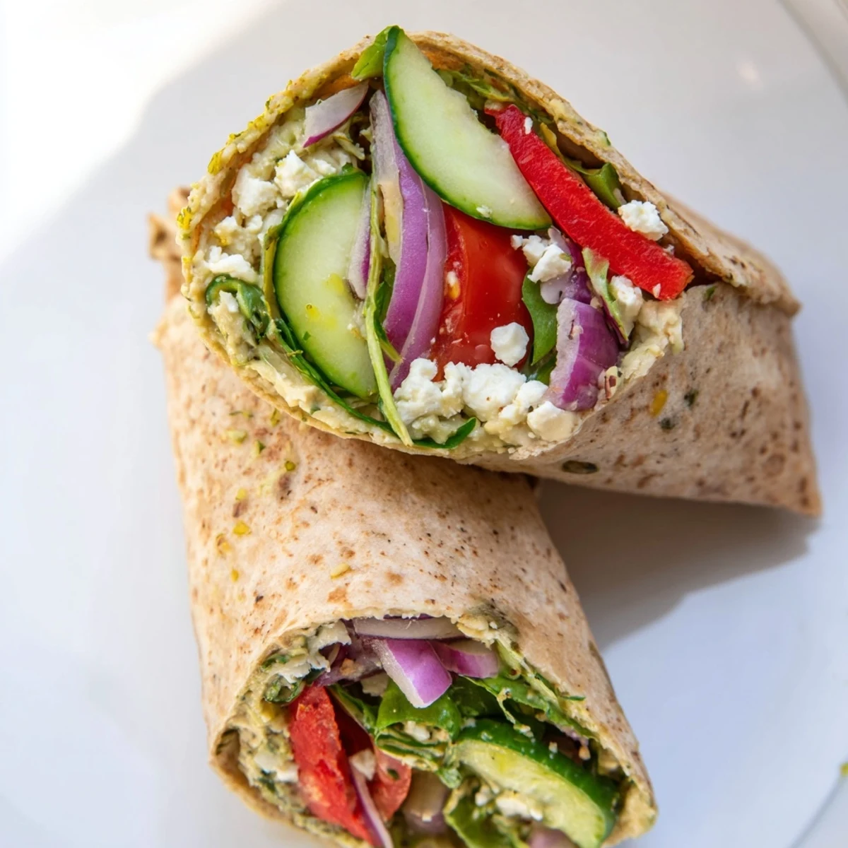A vibrant Mediterranean Sandwich Wrap sliced in half on a wooden board, filled with crisp cucumber, red bell peppers, and creamy feta.