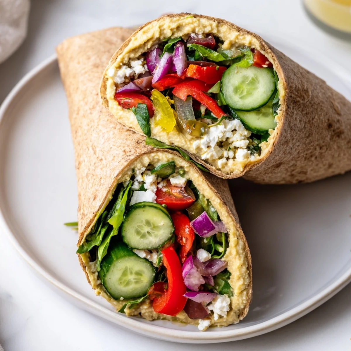 Handheld Mediterranean Sandwich Wrap cut on a diagonal, revealing layers of hummus, greens, and cherry tomatoes, ready to enjoy on the go.