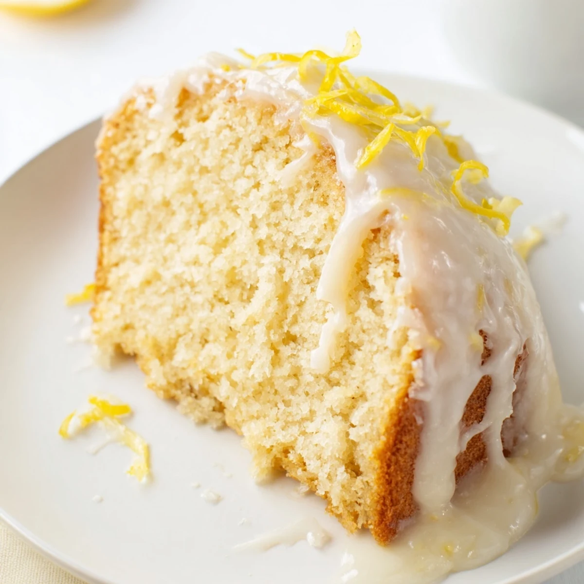 Freshly baked Lemon Cake Slice with a zesty glaze, served on a white plate with a cup of tea.