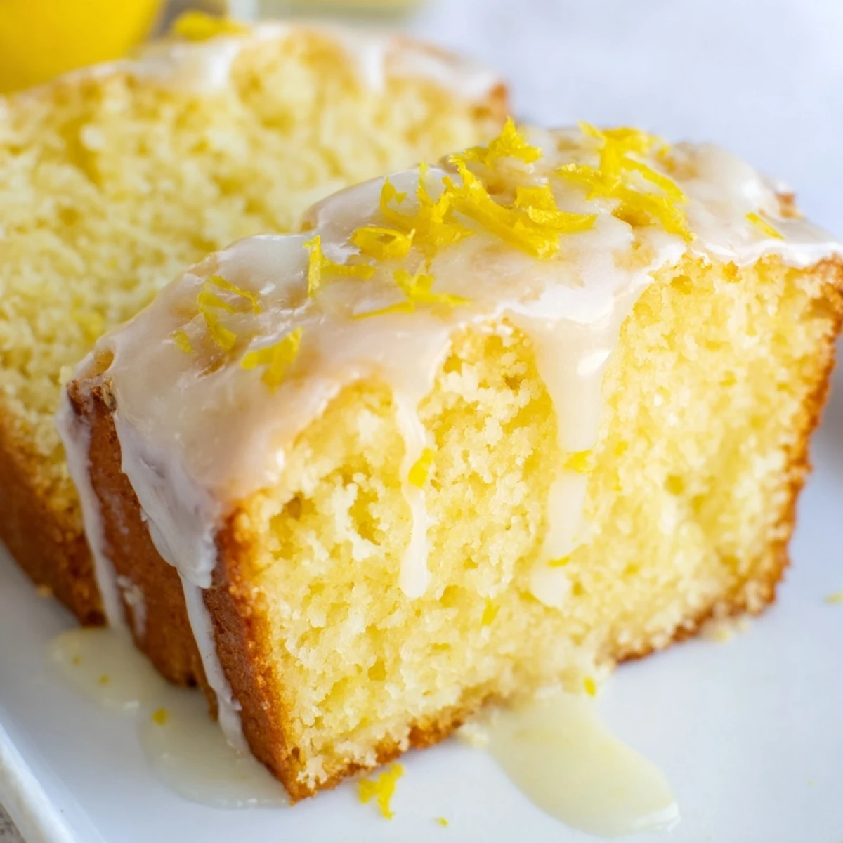 A single Lemon Cake Slice on a wooden board, showcasing a moist crumb and shiny lemon icing.