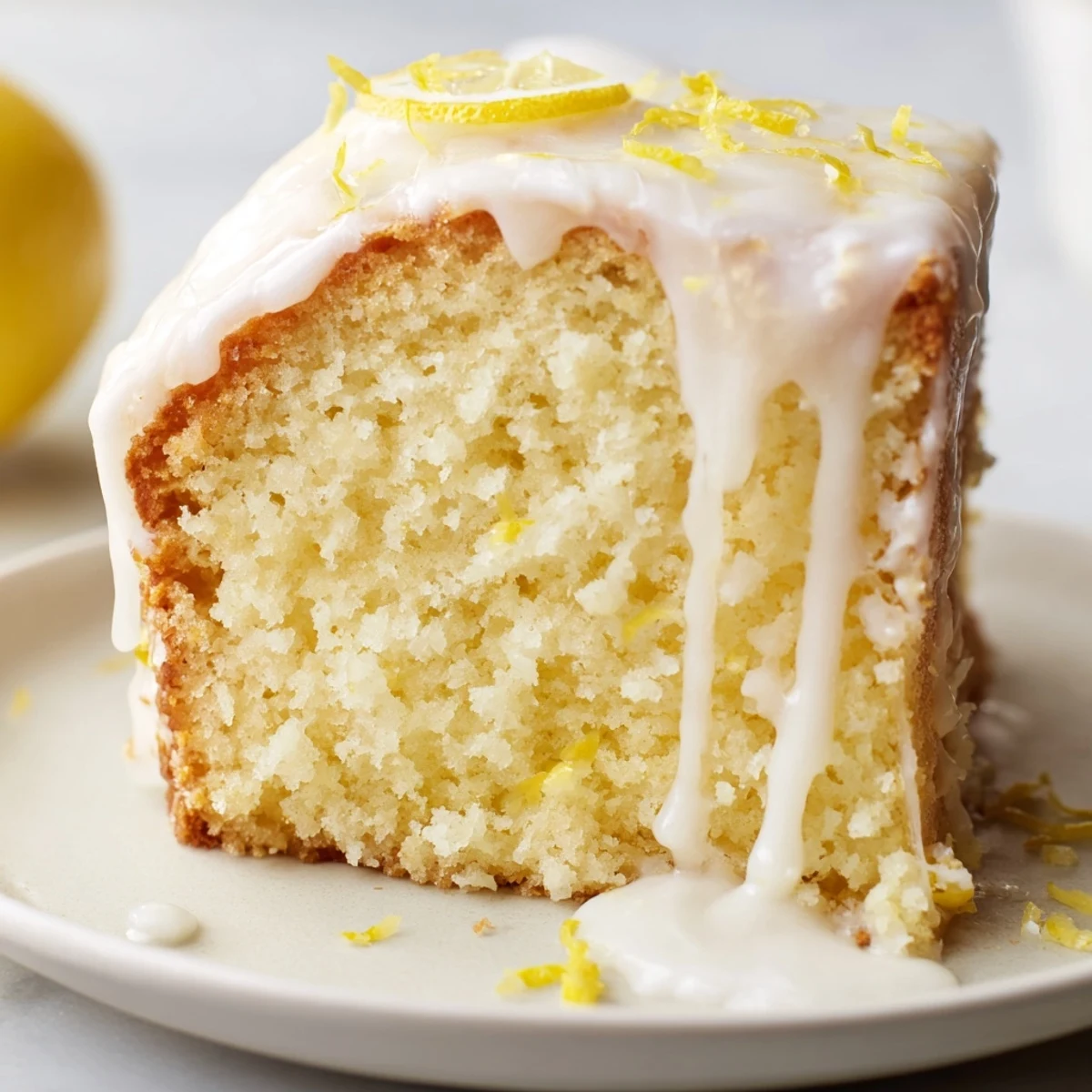 Individually cut Lemon Cake Slice with sugary glaze and fresh lemon zest garnish for a tangy dessert.