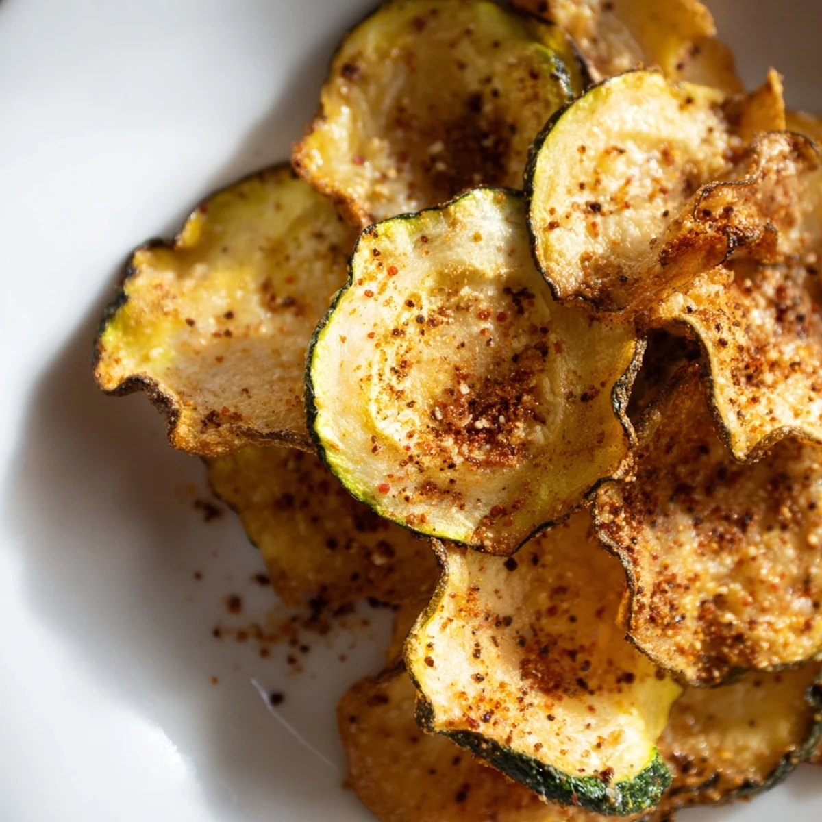 Golden-baked Crispy Zucchini Chips in a rustic bowl, garnished with fresh herbs for a healthy, gluten-free snack.