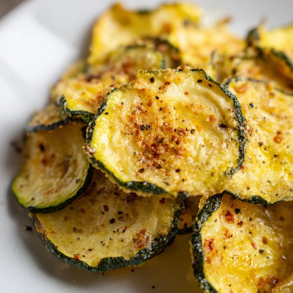 A hand dipping a golden Crispy Zucchini Chip into creamy ranch dip, showcasing the crunchy texture.