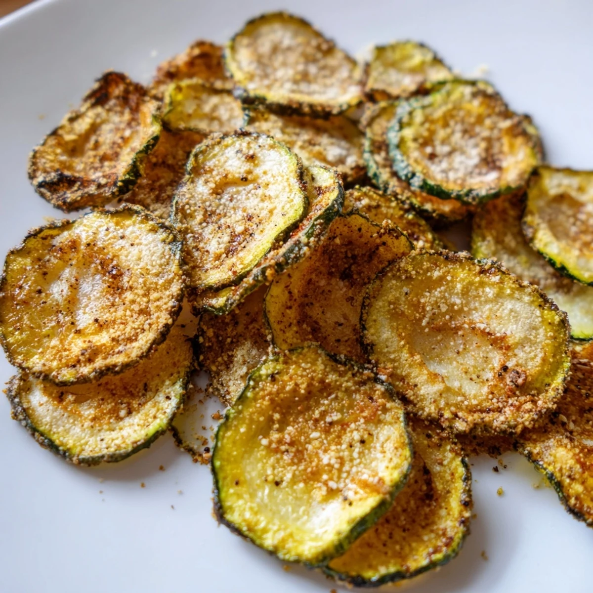 Homemade Crispy Zucchini Chips arranged on a baking sheet with parchment paper, seasoned with smoked paprika.