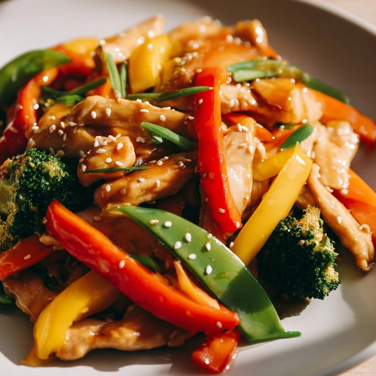A sizzling skillet of Chicken Veggie Stir Fry brims with bright peppers and tender chicken, tossed in a glossy brown sauce.