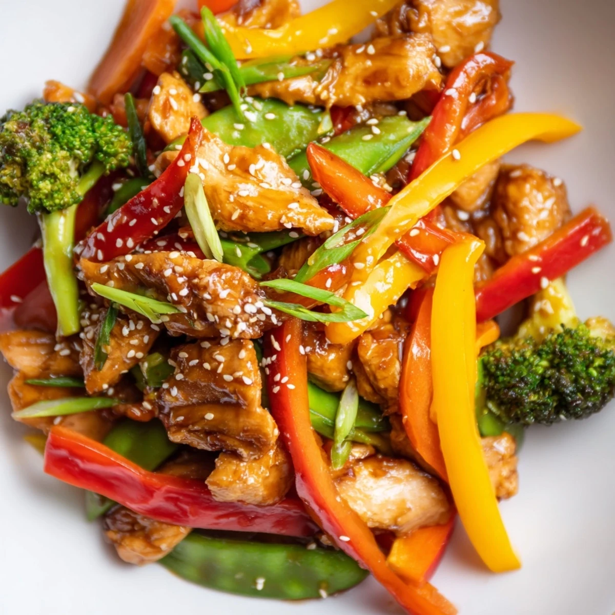Sliced chicken and crisp broccoli florets in Chicken Veggie Stir Fry glisten with savory sauce, garnished with green onions and sesame seeds.