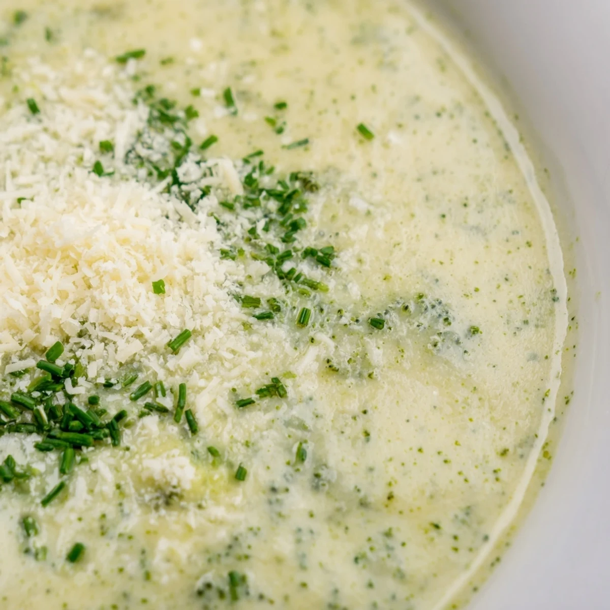Creamy Broccoli Soup served steaming hot in a white bowl, topped with fresh chives and Parmesan cheese.