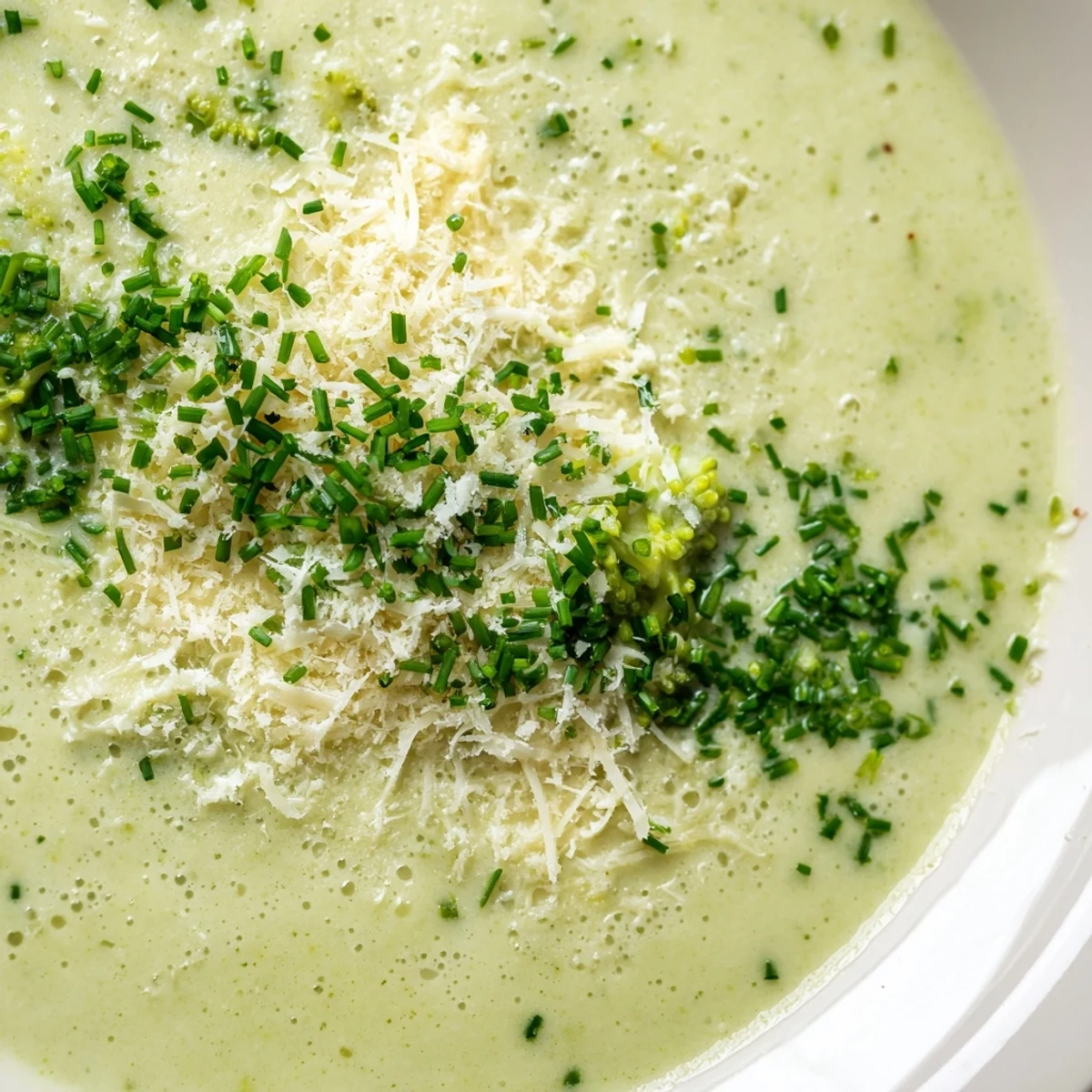 A bowl of Creamy Broccoli Soup garnished with chopped parsley, perfect for a cozy American lunch.