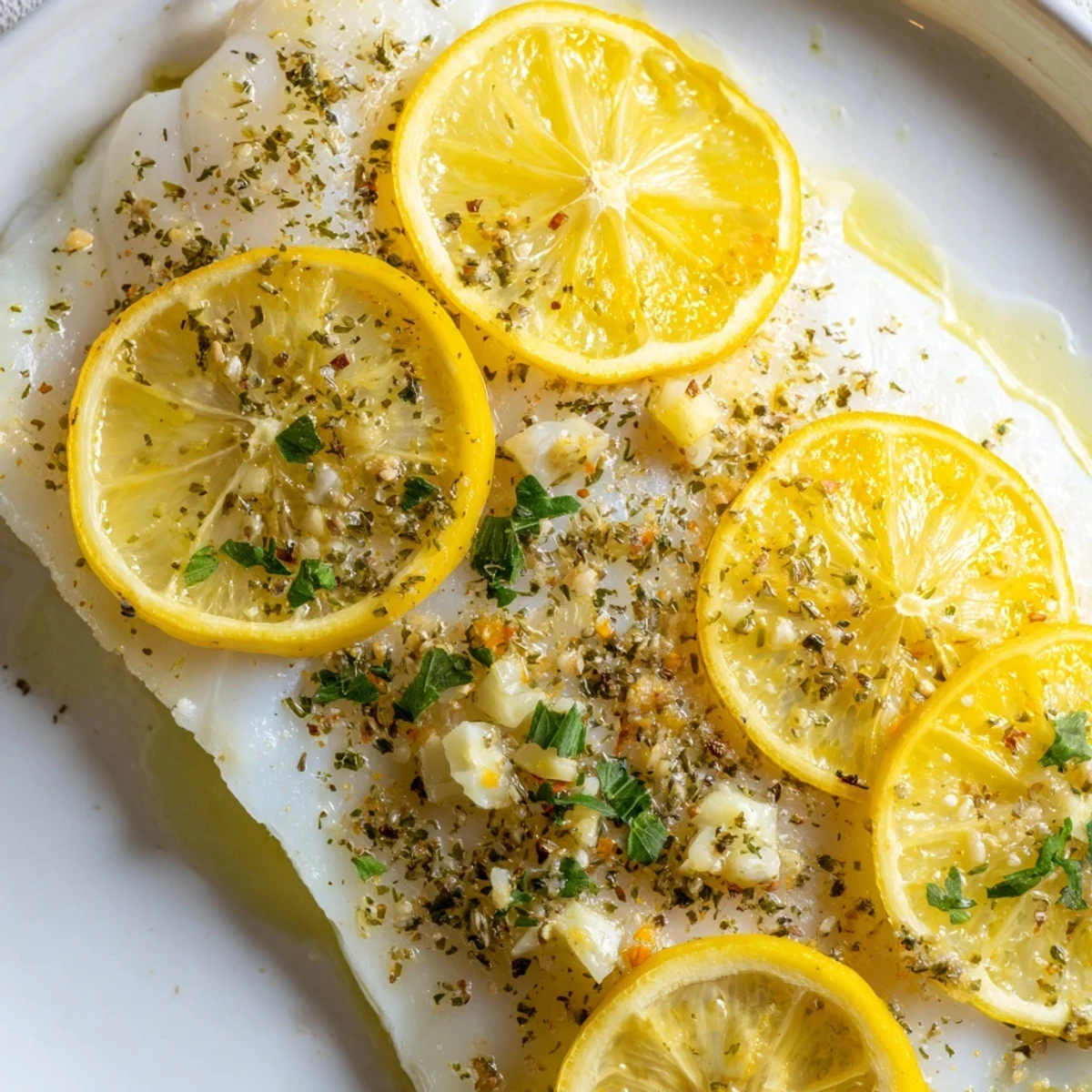 Bright lemon-baked fish fillet garnished with parsley and lemon wedges on a baking dish