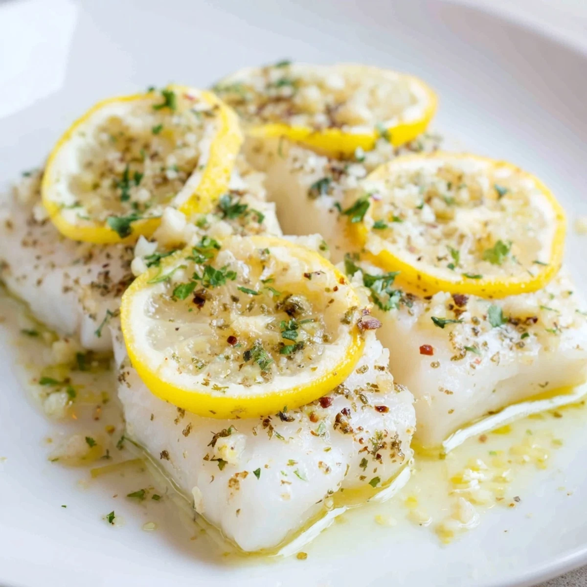 Fork-flaking tender baked fish fillet with lemon and herbs served with roasted potatoes