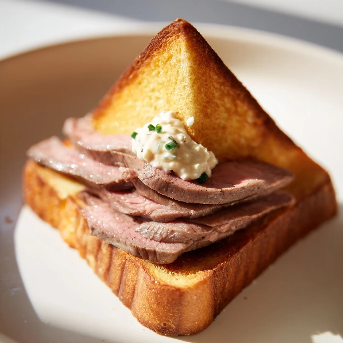 Warm Beef Toast Points plated on a rustic board, garnished with fresh chives and ready for a light lunch.