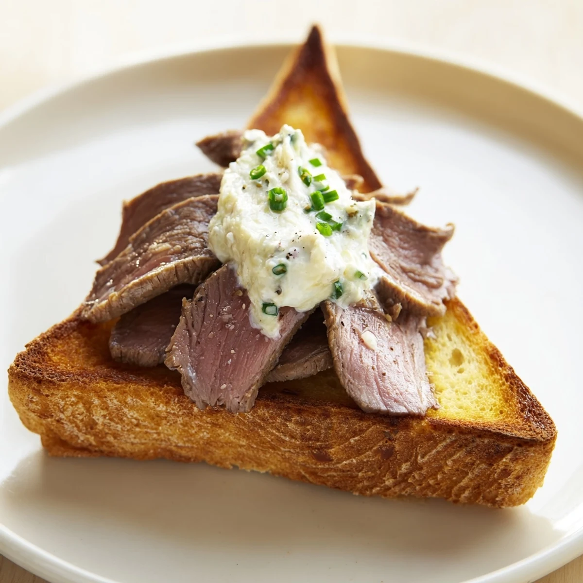 A close-up of savory Beef Toast Points featuring crispy toast triangles, medium-rare beef, and tangy horseradish cream.