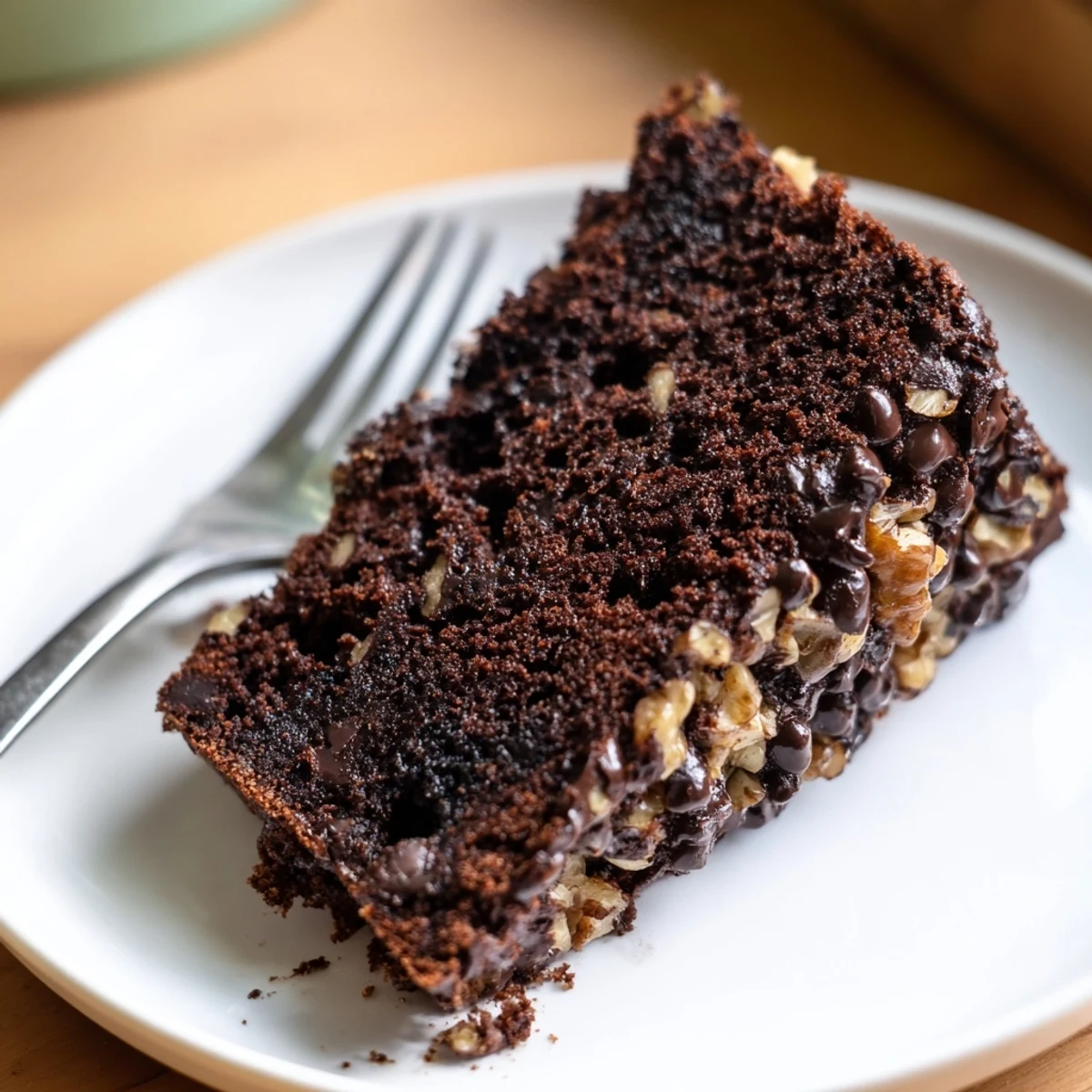 Sliced Chocolate Banana Bread showing the tender crumb and pockets of semi-sweet chocolate, ready for breakfast or an afternoon snack.