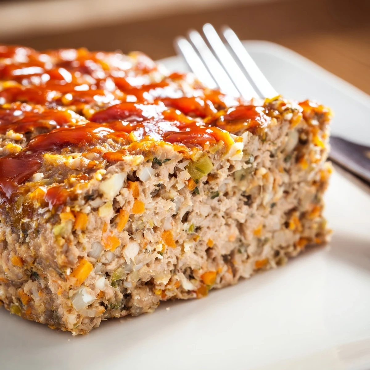 Close-up of a thick Turkey Loaf slice revealing juicy ground turkey and grated carrots on a white plate, with a side of green beans.