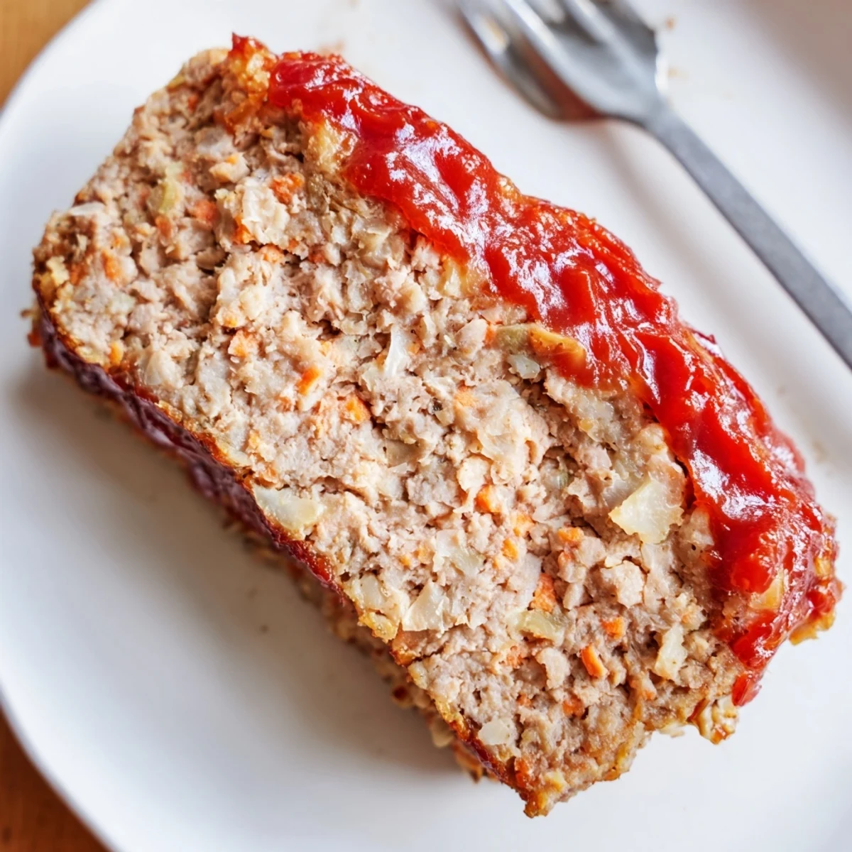 A moist, golden-brown Turkey Loaf slice drizzled with ketchup-mustard glaze, served alongside roasted potatoes for a comforting weeknight dinner.