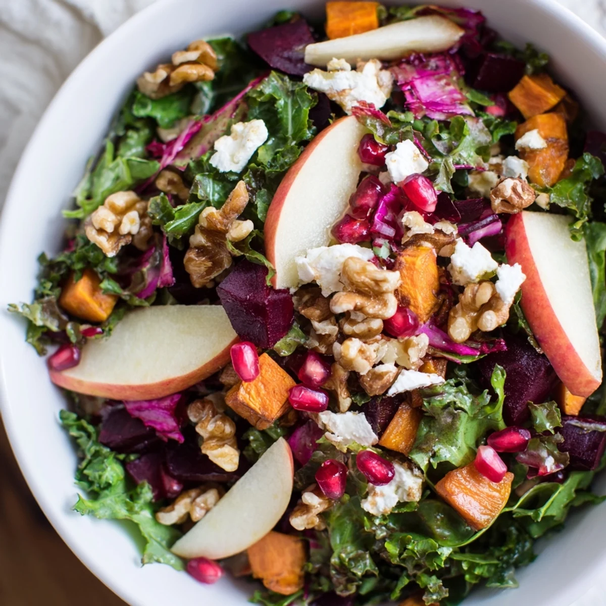 Freshly roasted carrots, sweet potatoes, and beets top a vibrant bed of kale and arugula in this Winter Salad Mix. The tangy citrus dressing and creamy goat cheese crumbles make it a perfect bright side dish.