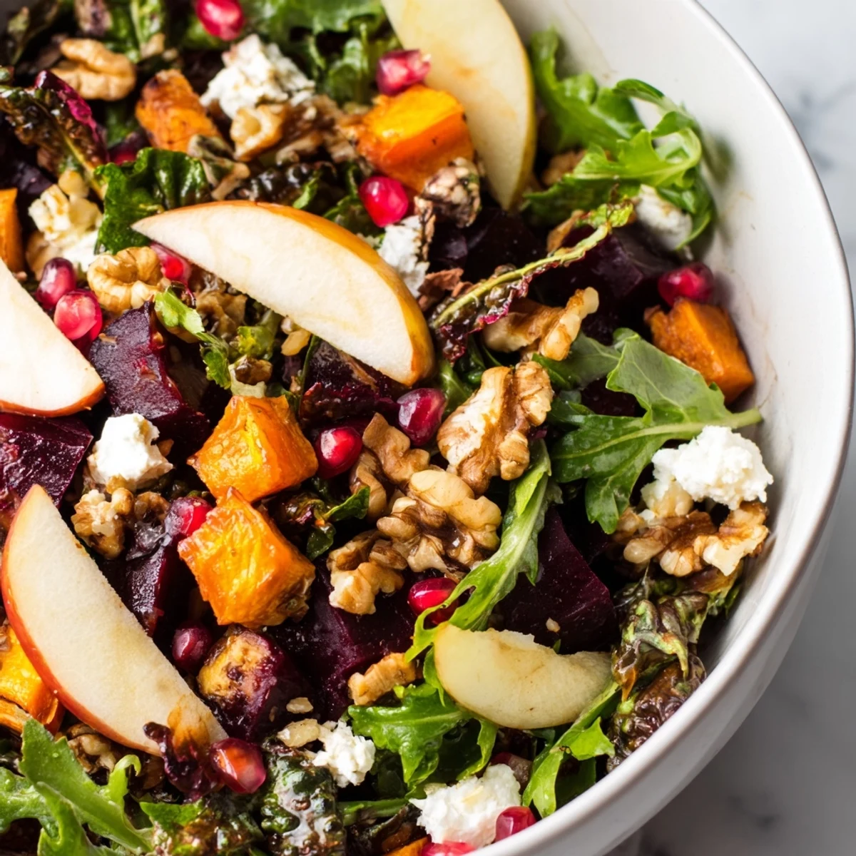 A hearty bowl of Winter Salad Mix features toasted walnuts, crisp apple slices, and ruby pomegranate seeds over seasonal greens. The roasted root vegetables add warmth and color to this nutritious gluten-free meal.