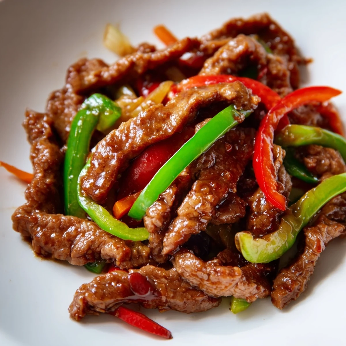 Tender beef strips and crisp peppers glisten in a spicy stir fry beef sauce, served over white rice.