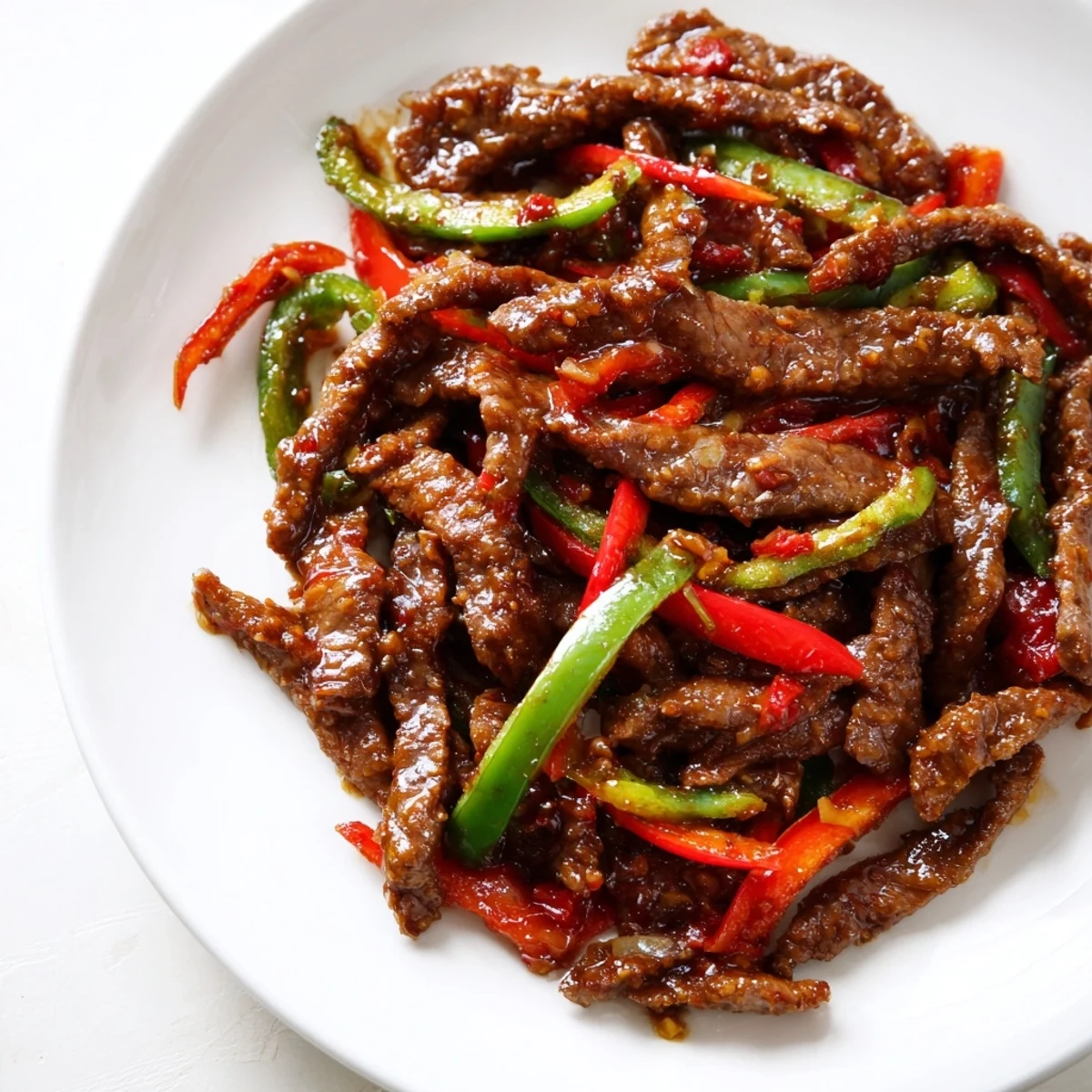 A close-up of spicy stir fry beef in a hot wok, with ginger, garlic, and fresh scallions.