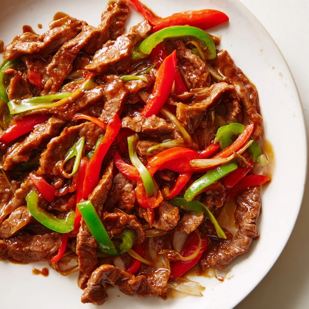 Restaurant-style spicy stir fry beef plated with jasmine rice, colorful vegetables, and a drizzle of savory sauce.