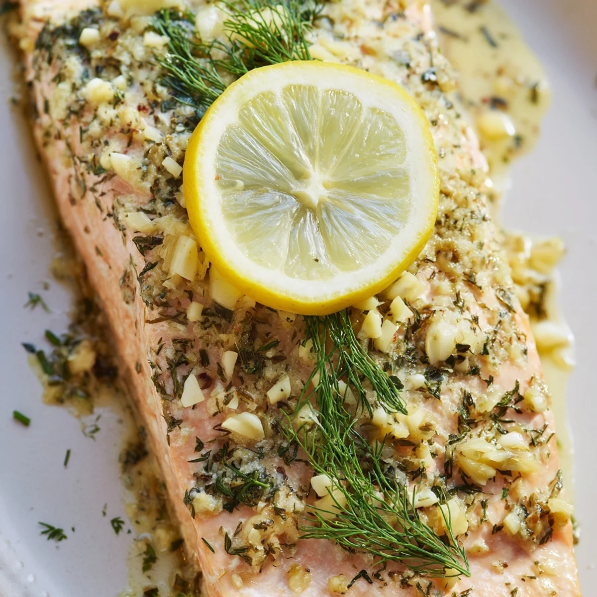 Freshly baked salmon fillet topped with lemon slices and dill, glistening on a baking tray just out of the oven.