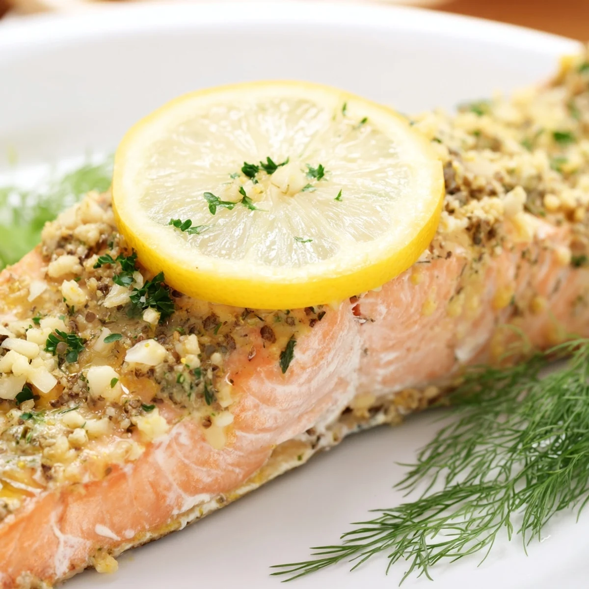 Succulent baked salmon fillet garnished with fresh herbs, ready to serve with roasted vegetables for a healthy weeknight dinner.