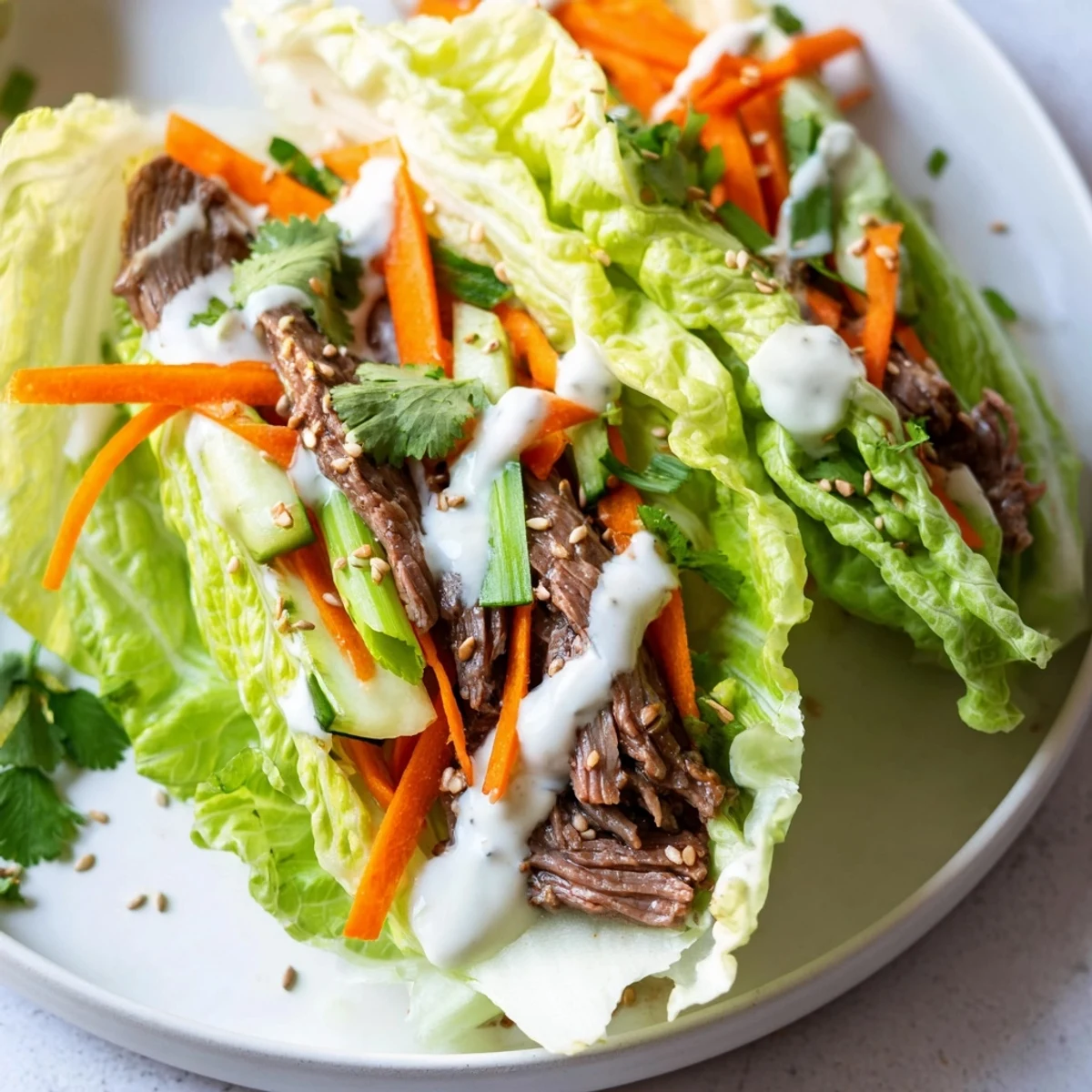 Tender beef slices topped with crisp lettuce, cucumber, and carrots for a juicy Beef Wrap with Lettuce.