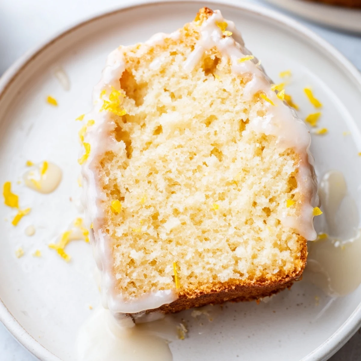 Cut slice of Lemon Bread Loaf revealing tender crumb and citrus zest specks on plate.