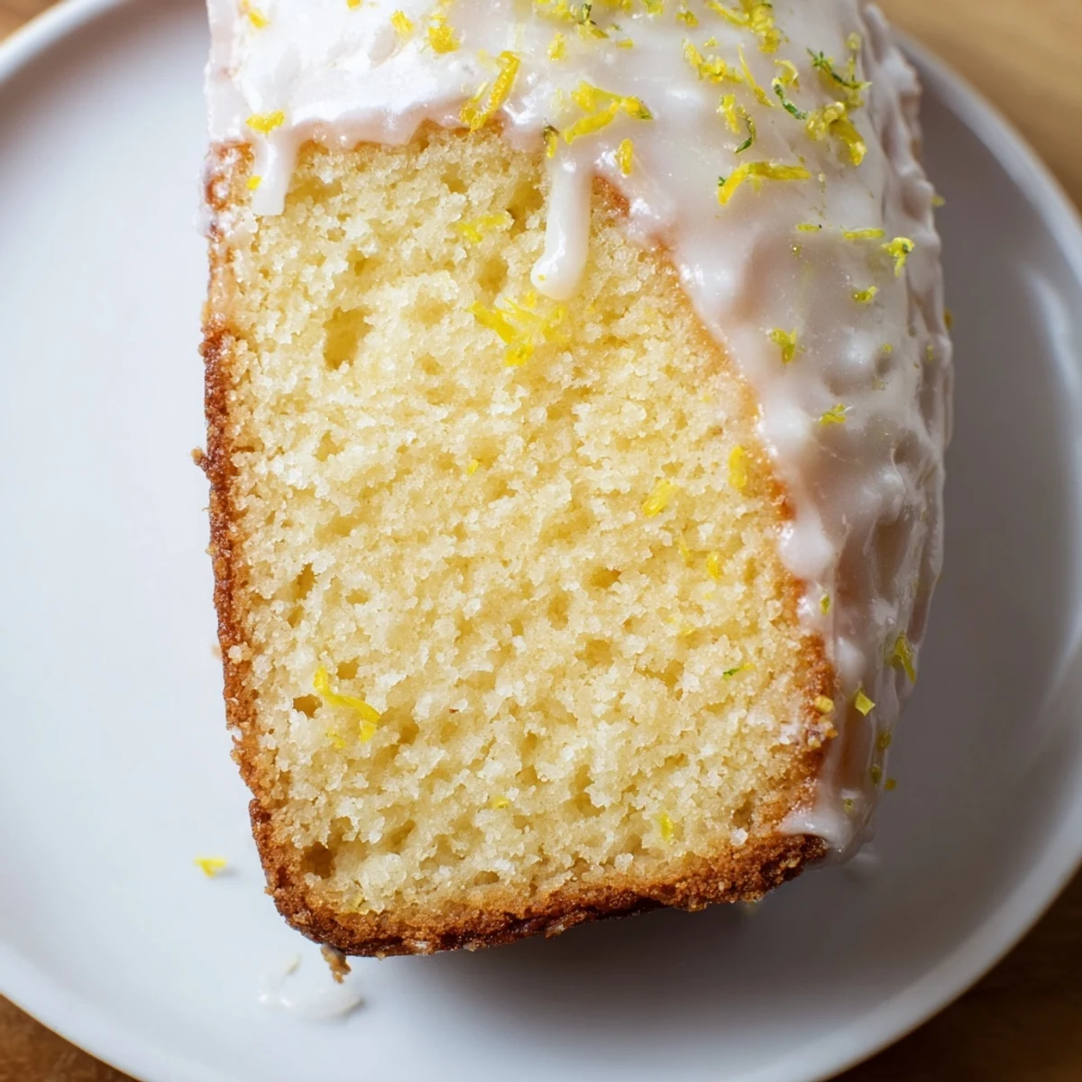 Golden brown Lemon Bread Loaf with lemon glaze beside fresh lemons and tea on table.