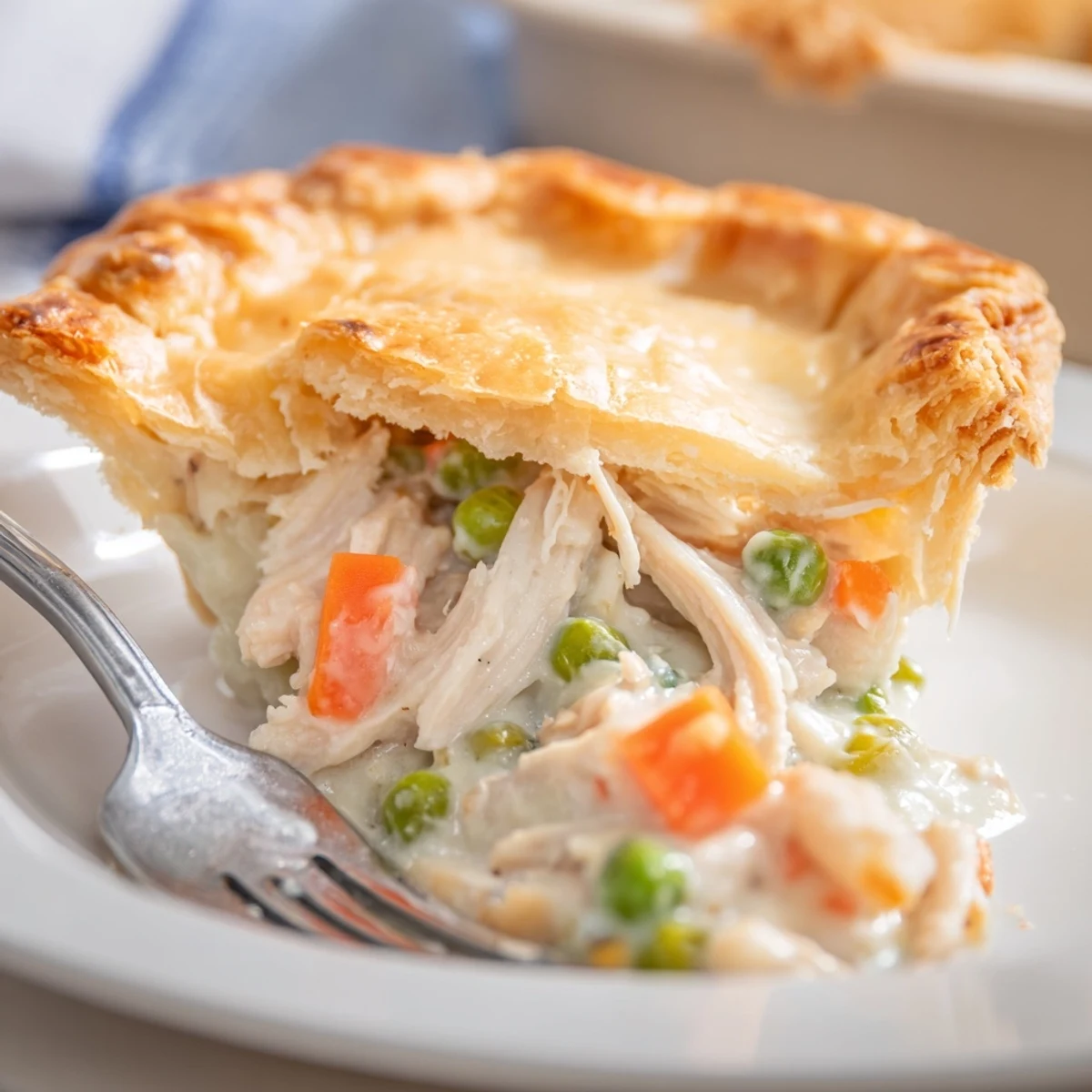 Golden-brown Chicken Pie Casserole with a flaky crust, bubbling with creamy chicken and vegetables.