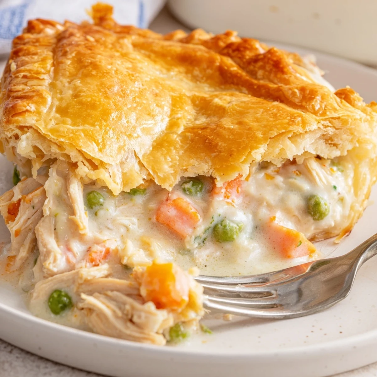 A freshly baked Chicken Pie Casserole served hot in a dish, topped with vented pastry.