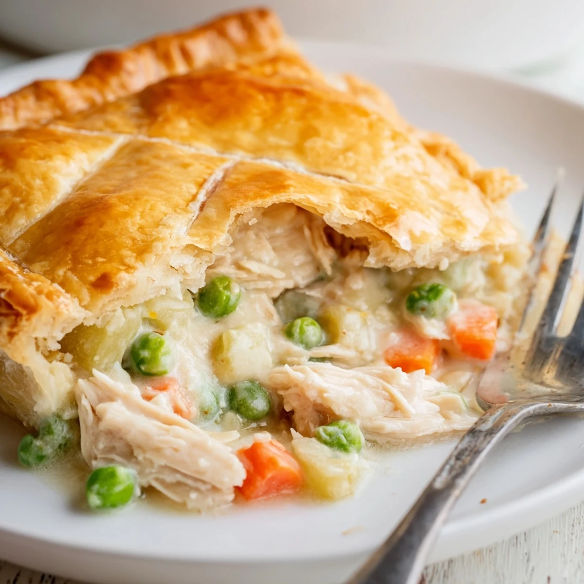 Sliced piece of Chicken Pie Casserole revealing creamy filling of chicken, peas, and carrots.