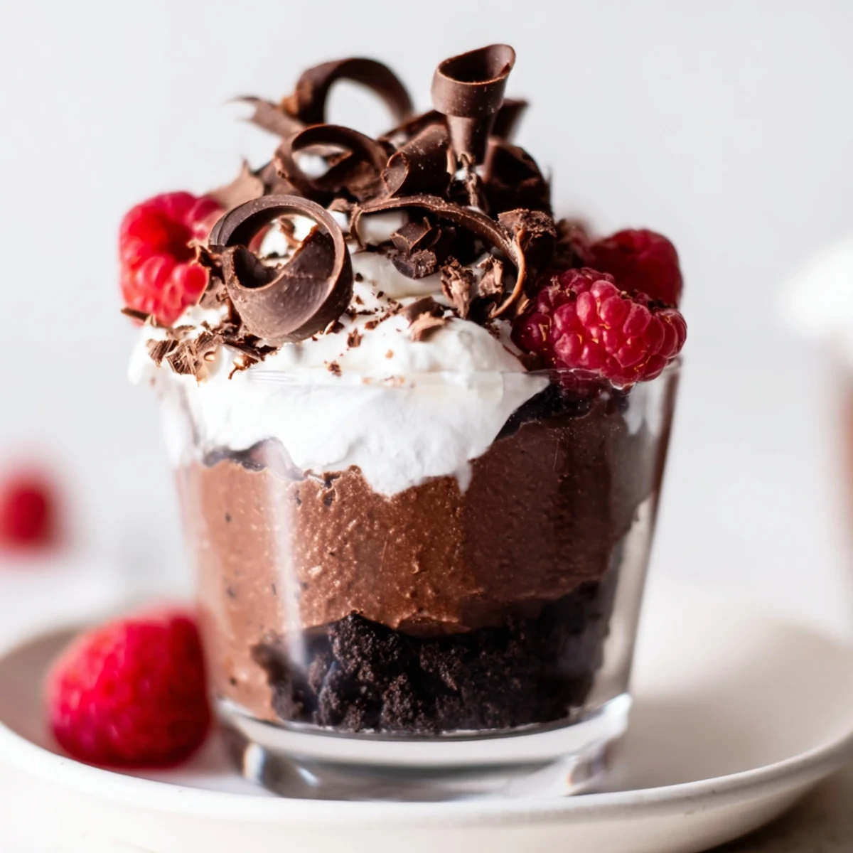 Four layered Chocolate Dessert Cups garnished with fresh berries and whipped cream for serving.