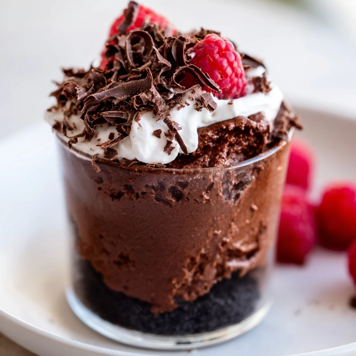 Chocolate Dessert Cup with creamy mousse over a crunchy cookie base, topped with chocolate shavings.