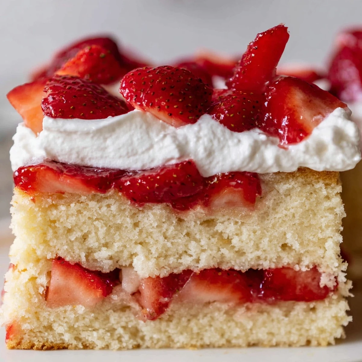 Golden-baked strawberry shortcake rounds layered with macerated berries and freshly whipped cream on a rustic table.