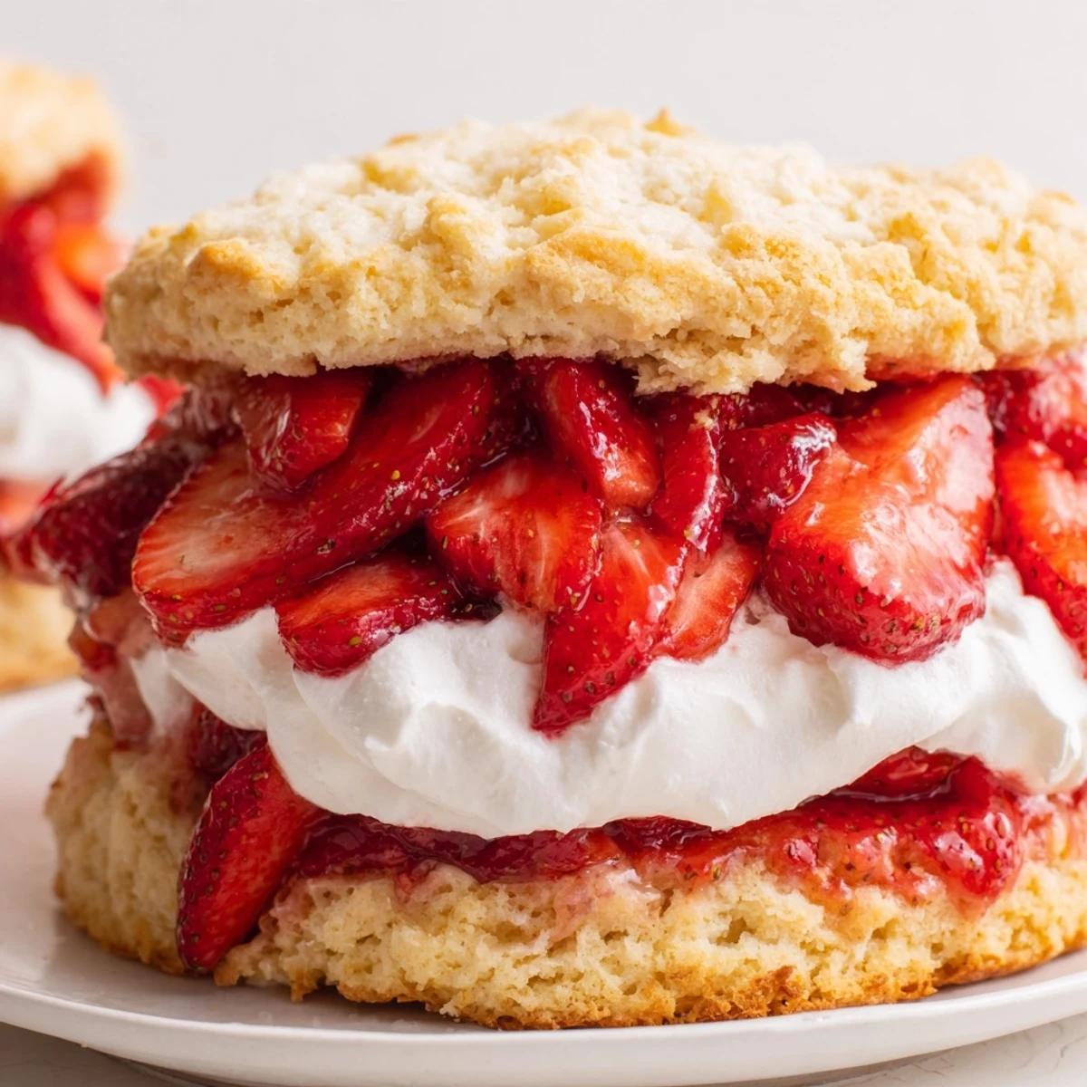 A close-up of classic strawberry shortcake with pillowy whipped cream and glistening berry juices.