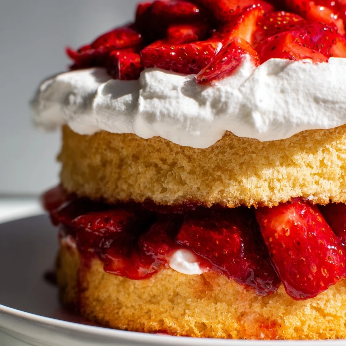 Rustic strawberry shortcake served on a dessert plate, topped with sweet fresh whipped cream.