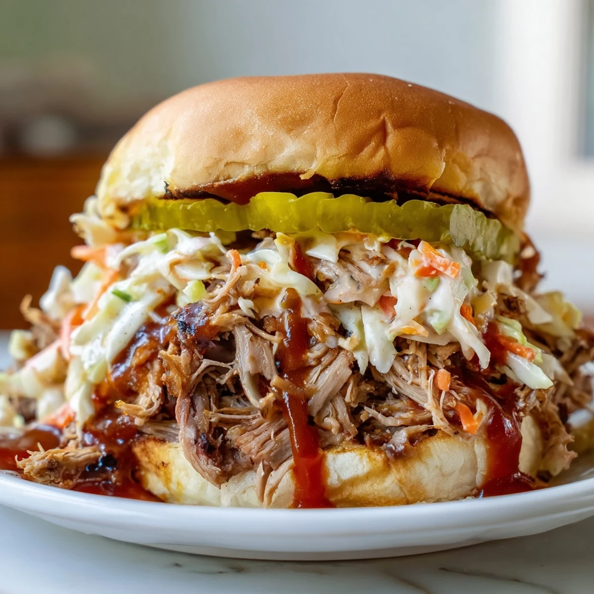 MVP Pulled Beef Sandwiches piled high with smoky barbecue sauce, tender meat, and crisp coleslaw on soft buns.