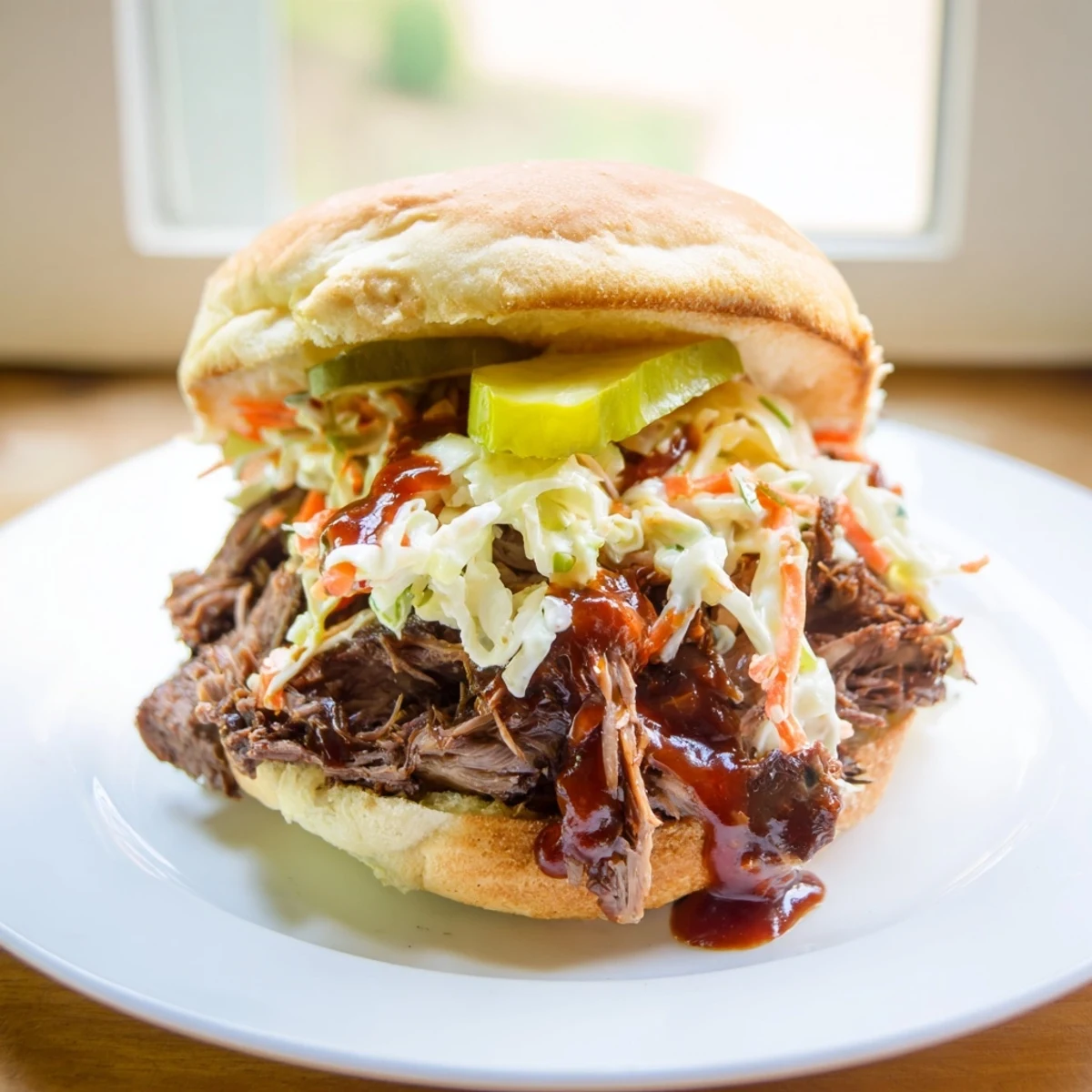 Game day MVP Pulled Beef Sandwiches stacked with juicy beef, pickle slices, and creamy coleslaw on toasted buns.