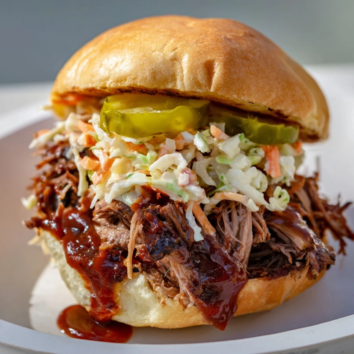 Golden-brown buns holding shredded MVP Pulled Beef Sandwiches, drizzled with barbecue sauce and topped with tangy slaw.