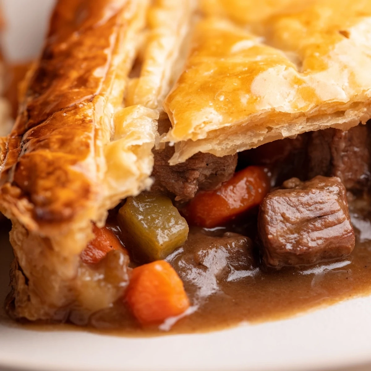 Steaming Irish Beef and Guinness-Free Pie with golden puff pastry and tender beef and root vegetables in rich gravy.