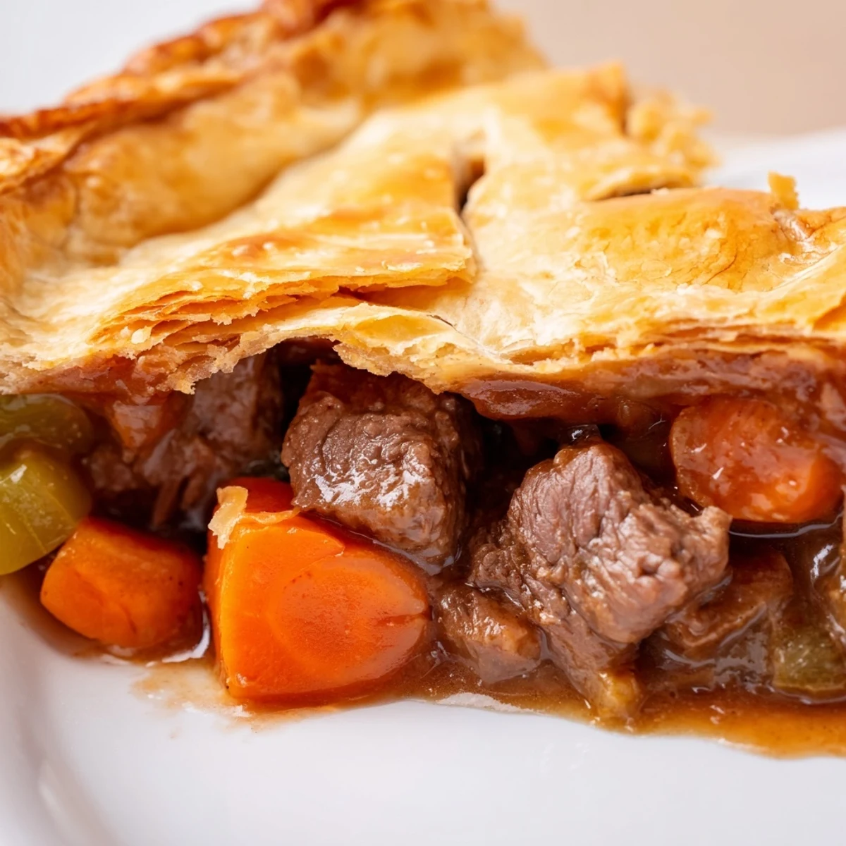 Savory Irish Beef and Guinness-Free Pie baked in a dish, paired with mashed potatoes and bright green peas.